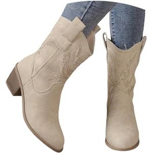 Klassieke western cowboylaarzen for dames, retro, halfhoge kuitlaarzen met borduursel, herfst-winter suède instappers, vrije tijd enkelschoenen met blokhak(Beige,36 EU)