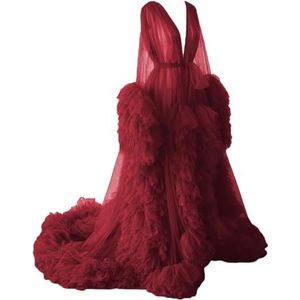 WSEYU Pluizige tule gewaad zwangerschapsjurk voor fotoshoot lange pure bruidsgewaad babyshower jurk plus size, Bordeaux, 32