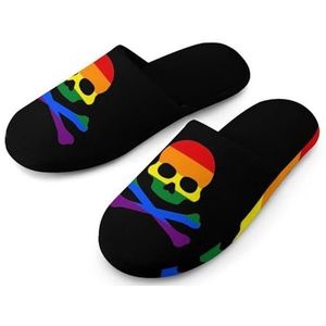 Gay Pride Flag Skull Crossbones katoenen pantoffels voor dames, indoor huisslippers, wasbare pantoffels voor vrouwen