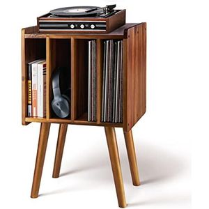 2BHOME Houten LP-platenspelerstandaard met 4 kasten, geschikt voor maximaal 100 vinyls, metalen platenopberghouder en organisatietafel, klassiek ontwerp voor bestanden/boek (Mid-Century Modern)