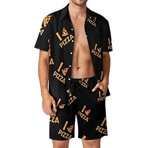 I Love Pizza Hawaiiaanse bijpassende set voor heren, 2-delige outfits, button-down shirts en shorts voor strandvakantie