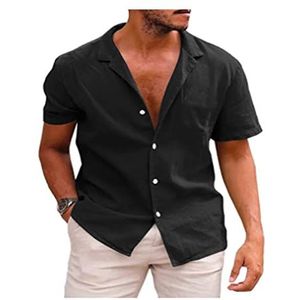 Linnen Herenoverhemd Met Korte Mouwen, Zomer, Casual Revers, Katoen, Hawaiiaans, Effen Kleur, Vakantie, Strand(Noir,XXL)