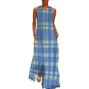 Blauwe tartan buffel geruite dames enkellengte jurk slanke pasvorm mouwloze maxi-jurk casual zonnejurk S