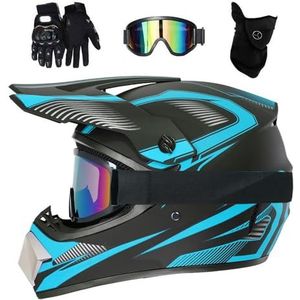 Jeugd Kinderen Volledig Gezicht Motocross Helm, met Bril/Masker/Handschoenen, Unisex Dual Sport Offroad Enduro Motor Crash Helmen, Downhill BMX MTB ATV Quad Dirtbikes Helm(Sky Blue,S/52-53CM)