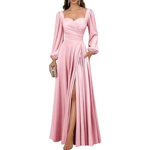 BRIGOW Damesjurken met lange mouwen, satijnen geplooide baljurk, A-lijn avondjurk met split BY031, roze, 32