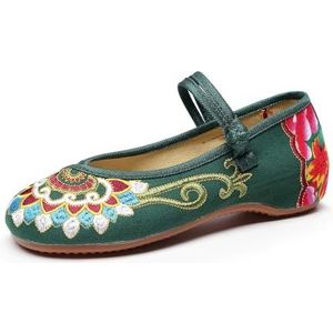 Retro Etnische Stijl Enkelbandschoenen Voor Dames Ronde Neus Lage Hak Comfort Mary Jane Dansschoenen Cheongsam Walk Show Yoga Balletschoenen(Green,40 EU)