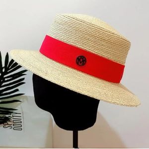 Elegante brede rand schippershoed zomer raffia hoed dames stro zonnehoed platte stro fedoras derby met verwisselbare gekleurde banden(Size:Natural-Red)
