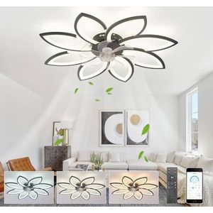 Plafondventilatoren met verlichting en afstandsbediening DC-plafondventilatoren met led-lampen Stil dimbaar Winter en zomer voor woonkamer Slaapkamer Lounge Bloem Plafondventilatorlicht, zwart