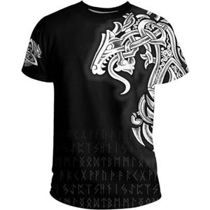 Noorse Mythologie Keltische Draak T-shirt – Unisex Viking Vegvisir 3D Rune Tattoo Print Casual Harajuku Korte Mouw – Zomer Sneldrogende, Ademende Top met Ronde Hals (Color : B black, Size : XS)