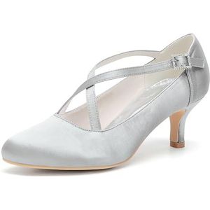 KYEGLO Ronde Neus, Lage Hak, Sexy Geklede Schoenen, Dames Satijnen Sandalen Met Gesloten Neus En Bandjes Voor Dames, Perfect Voor Bruiloften,Zilver,40