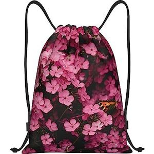 TOMPPY Roze Bloem Gedrukt Trekkoord Tas Trekkoord Rugzak Sport Gym Sackpack String Bag Voor Mannen Vrouwen, Zwart, Medium