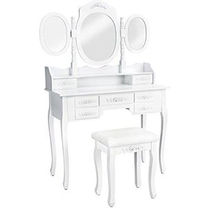 tectake® Kaptafel - Make up tafel met 7 laden en 3 spiegels - Cosmeticatafel inclusief kruk - Slaapkamerdecoratiemeubel - 90 x 40 x 145 cm - Wit