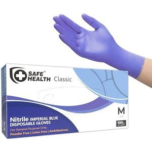 Safe Health Nitril wegwerphandschoenen, maat M, keizerlijk blauw, 100 stuks, poedervrij, latexvrij, voedsellaboratorium, schoonmaak, mechanische afwerking, wetshandhaving, 3 miljoen