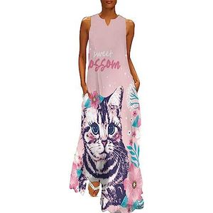 Schattige kat zittend in de bloemen dames enkellengte jurk slim fit mouwloze maxi-jurk casual zonnejurk L