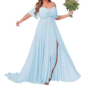 Off-shoulder bruidsmeisjes jurken met mouw - chiffon grote maten formele jurk, Hemelsblauw, 32