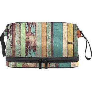 Multifunctionele opslag reizen cosmetische tas met handvat, grote capaciteit reizen cosmetische tas, kleurrijke smerige houten patroon, Meerkleurig, 27x15x14 cm/10.6x5.9x5.5 in