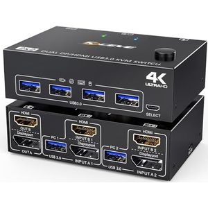 USB 3.0 HDMI + DisplayPort KVM Switch 2 PC 2 Monitoren 4K@60Hz 2K@120Hz, MLEEDA KVM Switch Dual Monitor met 4 USB 3.0 Poorten Voor Toetsenbord Muis, Desktopcontroller en Kabel Inbegrepen