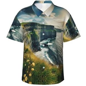 XTYGETY Ierland Buitenshuis County Clare The Cliffs Print Zomer Strand Button-Down Korte Mouw Hawaiiaans Shirt voor Mannen Tropische Vakantie Shirts, Zwart, S