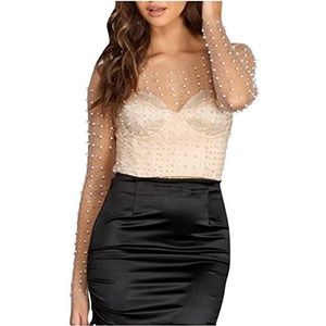 Vrouwen Pearl See Through Mesh Sheer Sexy Lange Mouwen Crop Tops Strass Glitter Lace Blouse Shirts Party Clubwear (Color : 01 Clear, Size : M)