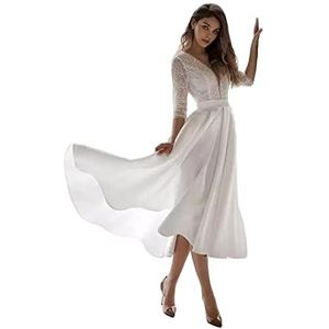 JACTZ Trouwjurk Elegante Korte Bruidsjurken Kant Tule Bescheiden Lange Mouw Ronde Hals Strand Tuin Bruidsjurken