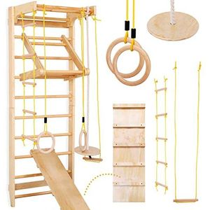 Physionics® Zweedse Wandrekset - met Optrekstang & Andere Bevestigingen, voor Volwassenen & Kinderen, Hout, 150 kg Max. Belasting, 80 x 220 x 60 cm, Natuurlijke Houtkleur - Gymnastiekbalken