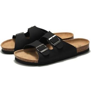 flydimund Leren herenslippers, uniseks, zomer, binnen, buiten, kurk, volwassenen, pantoffels, met verstelbare riem, zwart, 42 EU