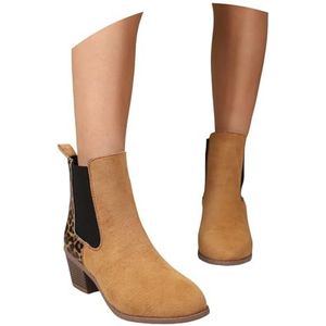 Elegante Enkellaarsjes For Dames Chelsea Ankle Boots Met Blokhak Suède Laarsjes Met Luipaardprint Retro Western Cowboylaarzen Casual Brede Instapschoenen(43 EU)