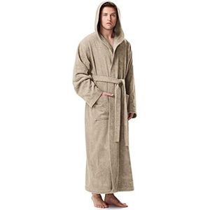 Herenbadjas met capuchon, enkellengte, 100% Katoenen Badstof, Beige, S