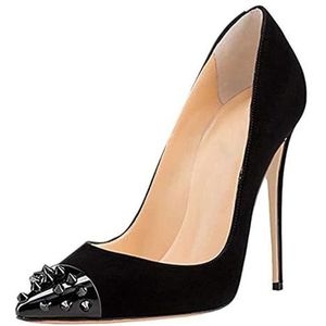 Dames 12 cm zwart rivet hoge hakken sexy spitse teen platte mond avondjurk hoge hakken, zwart, 41 EU