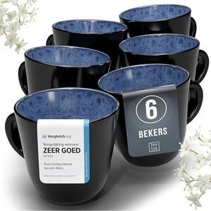 Set van 6 Steengoed Kopjes uit de Ibiza Serie - Modern en Stijlvol Koffiekopjes Set, Vaatwasser - Magnetronbestendig,Krasbestendig - Pure Living in Diepblauw