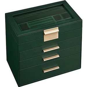 SONGMICS - Sieradendoos - Bosgroen-Goud - 4 Niveaus - Glazen Deksel