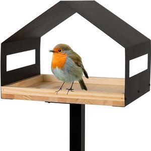 WONDERMAKE® Design vogelhuis met standaard van metaal en hout, weerbestendig, modern vogelvoederhuis, groot, metalen dak, staand vogelhuisje, voederhuis voor vogels om neer te zetten, XL
