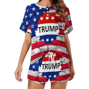 USA vlag en Trump zachte damespyjama met korte mouwen loungewear met zakken cadeau voor thuis strand M