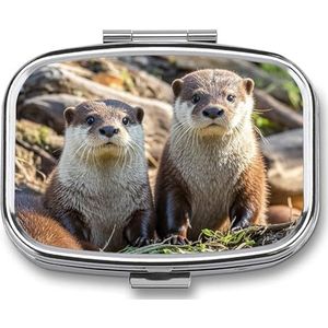 Pillendoos Draagbare Dier Leuke Bruine Otters Pil Organizer Reizen Pil Case voor Pocket Of Portemonnee Medicijn Pil Container met Spiegel 2 Compartimenten Dagelijkse Geneeskunde Organizer