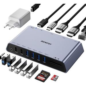 BENFEI DisplayLink 12-in-1 universeel USB 3.0-dockingstation met dubbel HDMI-scherm, 6 USB-poorten, SD- en TF-kaartlezer, Gigabit Ethernet-netwerk en 3,5 mm hoofdtelefoonaansluiting