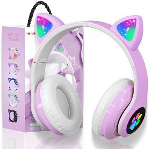 Bluetooth koptelefoon kinderen,meisjes kat oor koptelefoon over-ear met LED licht opvouwbare stereo koptelefoon Bluetooth, draadloze koptelefoon kinderen met microfoon voor telefoon/PC (Paars)