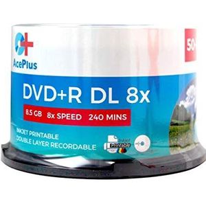 AcePlus 50-pk DVD+R dubbellaags witte inkjethub-afdrukbare schijven met 8x opnamesnelheid en 8,5 GBS opslag in Cakebox-spil