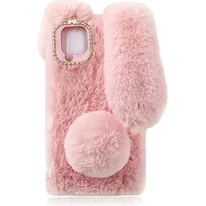 Pluizig bont pluche hoesje voor Samsung Galaxy A12/M12/F12 schattig konijn harige girly cover 3D dier fuzzy beschermhoes faux konijn kawaii speelgoed leuk vrouwen telefoonhoesje voor Samsung M12, roze