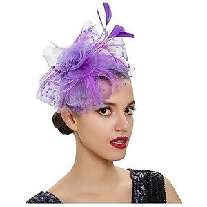 Vintage vrouwen veer bloem fascinator hoed, dames haaraccessoires bruiloft feest bloemen mesh sluier hoofdband haarspeld (kleur: paars, maat: 1)