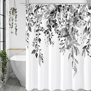 ZAYEN Zwart-wit eucalyptus douchegordijn, grijze aquarel plantenbladeren met bloemen badkamer douchegordijn set met haken 150 x 200 cm douchegordijn