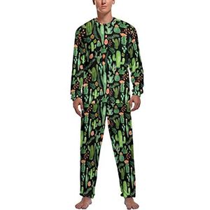 Groene cactus zachte heren pyjama set comfortabele lange mouwen loungewear top en broek geschenken S