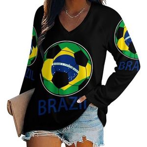 Brazilië Voetbal Dames V-hals Shirt Lange Mouw Tops Casual Loose Fit Blouses