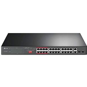 TP-Link 24-Port PoE+ 10/100 Mbps + 2-Port Gigabit Unmanaged Ethernet PoE Switch with 2 Combo Gigabit SFP slots (24 PoE+ Ports + 2 Gigabit RJ45 Ports + 2 SFP slots, 250W, Rackmount)(TL-SL1226P)
