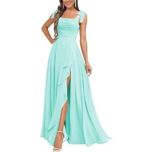 KURFACE Chiffon bruidsmeisjesjurken voor dames met split ruches lange bruidsmeisje vloerlengte formele feestjurk, Turkoois, 52 grote maten