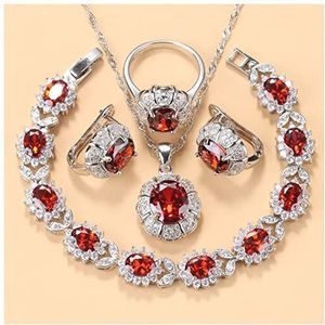 Oorbellen 925 zilveren ketting en oorbellen sieraden sets for vrouwen mode-accessoires Groen zirkoon bedelarmband en ring sets Oorbellen voor dames (Color : Red 4PCS, Size : 9)