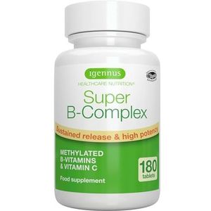 Super B-Complex - Hoge absorptie volledig spectrum B-vitamines met folaat, B6 & B12, plus vitamine C, onophoudelijke afgifte, 180 tabletten