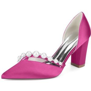 KYEGLO Damesmodieuze Instapschoenen Met Spitse Neus En Dikke Hakken Met Parel - Satijnen Bruidsmeisjesschoenen Met Gesloten Neus Voor Feestjes, Bruiloften, Cadeaus Voor Vrouwen,Rose,36 EU