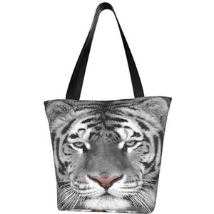 Schoudertas, canvas draagtas grote tas vrouwen casual handtas herbruikbare boodschappentassen, witte mooie tijgerprint, zoals afgebeeld, Eén maat