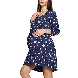 Be Mammy Zwangerschapsnachthemd 3/4 Mouw met Borstvoedingsfunctie voor Vrouwen (Navy Sterren Blauw, XXL)