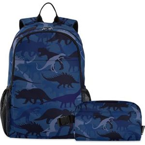 CHIFIGNO Schattig Patroon Grappige Dinosaurus Kids Rugzak Jongens Meisjes met Geïsoleerde Lunch Box, Leuke Rugzak Kinderen Schooltas, Blauwe Dinosaurussen Camouflage, One Size